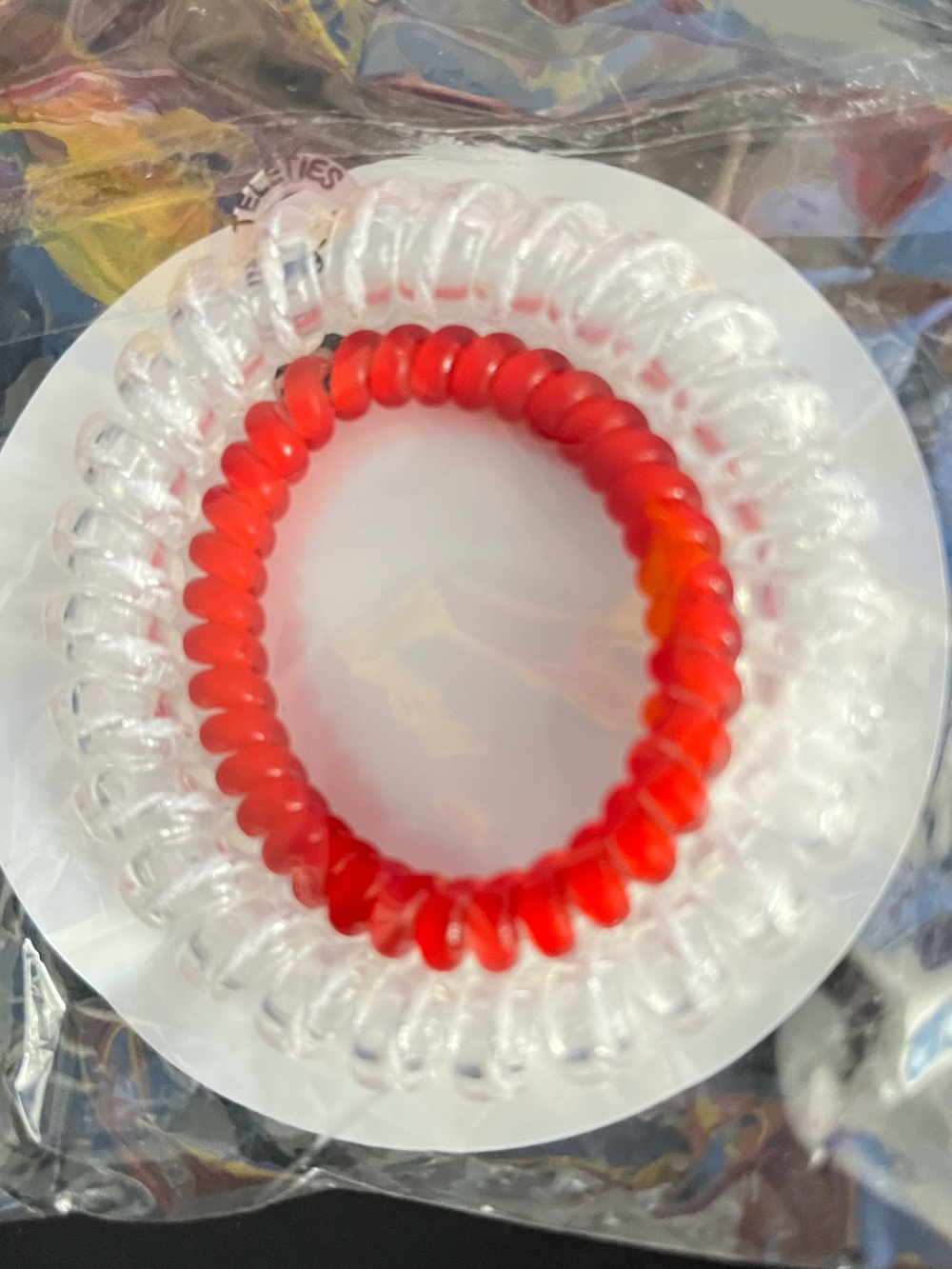 Teleties Clear w Silver &White inside and Red Ponytail Holders